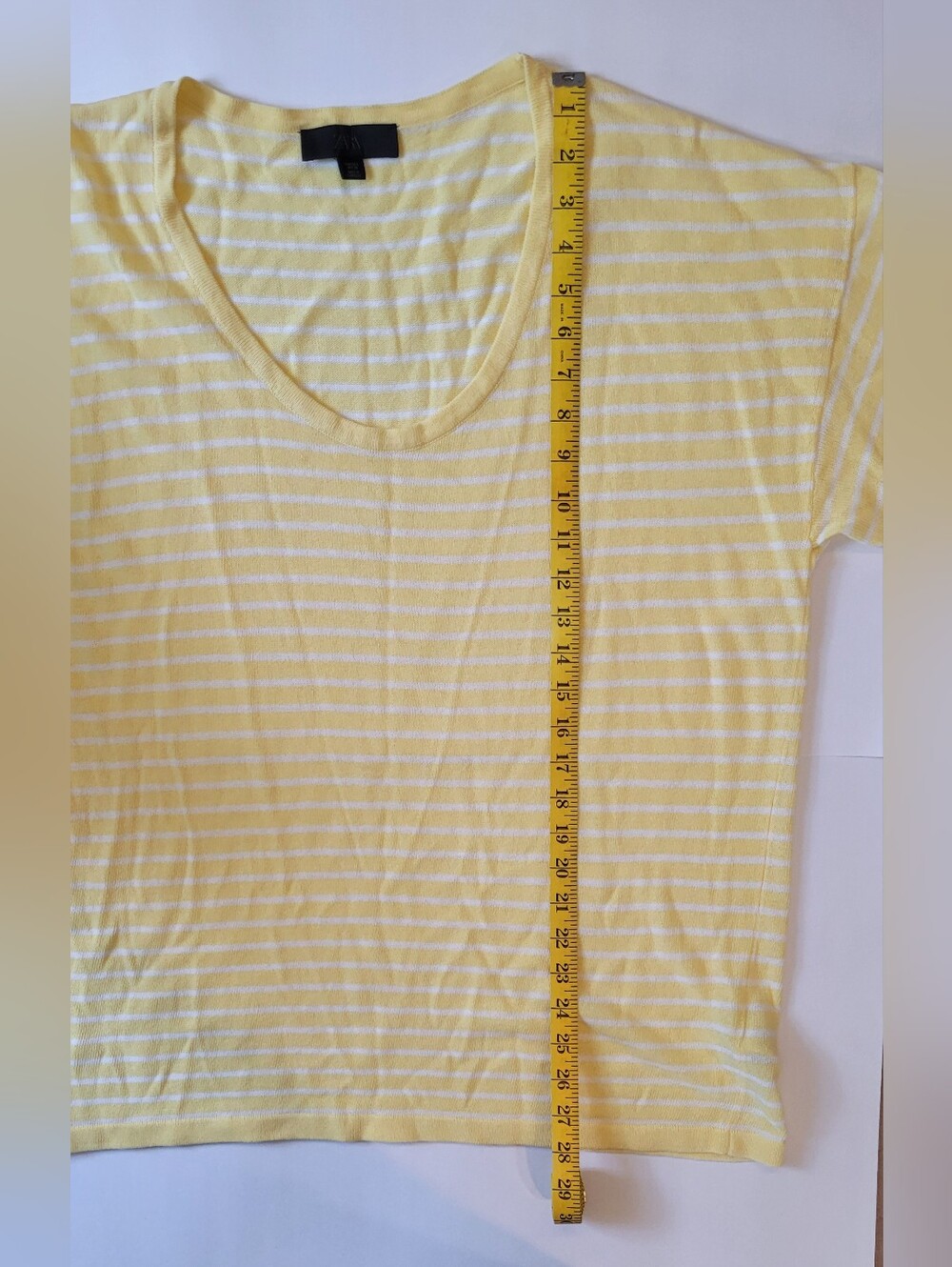Zara Yellow White Striped Linen Blend Knit Scoop Neck Tee L - Picture 11 of 13